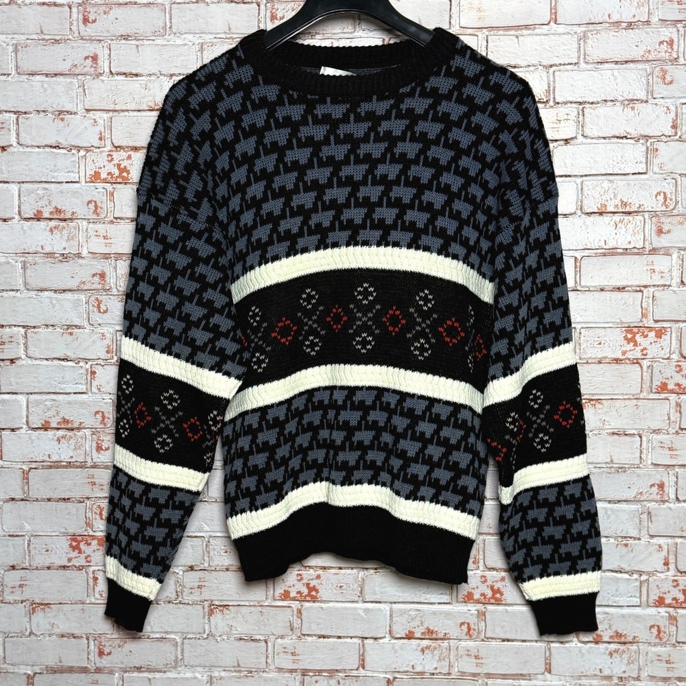 Vintage Robert Bruce Mens Geometric Argyle Knit Crewneck Sweater Black Grey XL